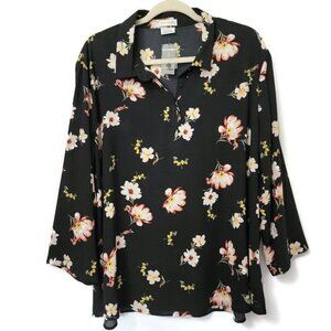 Van Heusen Black Floral Boho Lightweight Semi Sheer Popover Blouse Top XXL 2XL